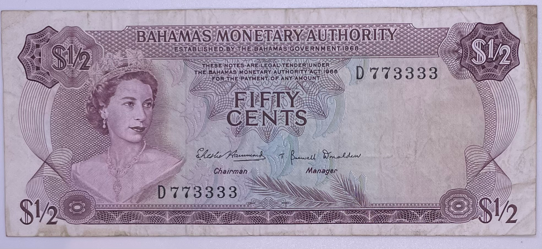 Bahamas 1/2 Half Dollar 50 Cents 1968 P-26,Used World Banknote