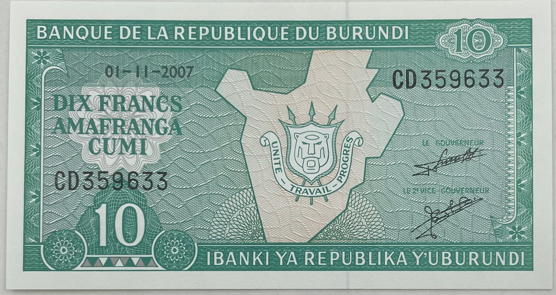 2007  Burundi  10 Francs  P-33  UNC Banknote