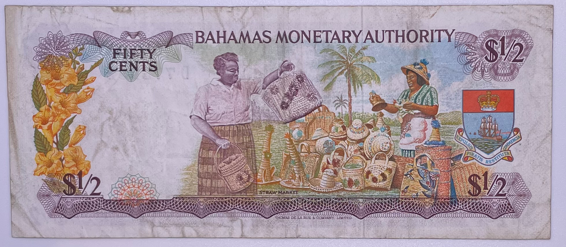 Bahamas 1/2 Half Dollar 50 Cents 1968 P-26,Used World Banknote