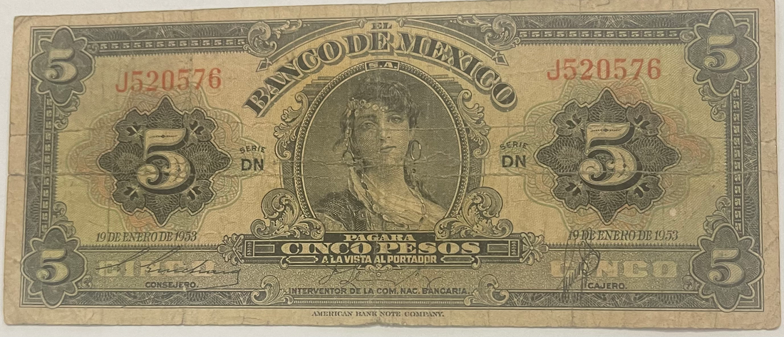 1953 Mexico 5 Pesos P-34l.1, Used World Banknote