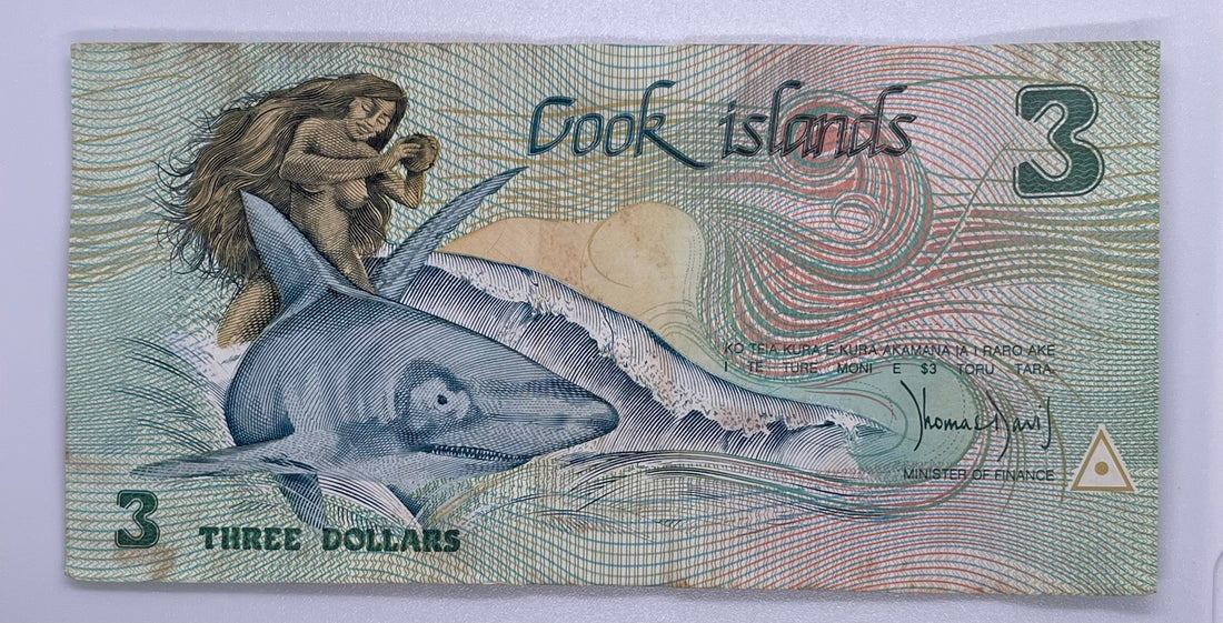 Cook Islands $3 1987 ND P-3a AU,Stains World Currency Banknote - Cool Coins & Notes