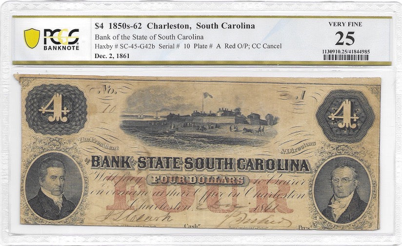 $4 1850’s-62 Charleston, South Carolina Note VF 25