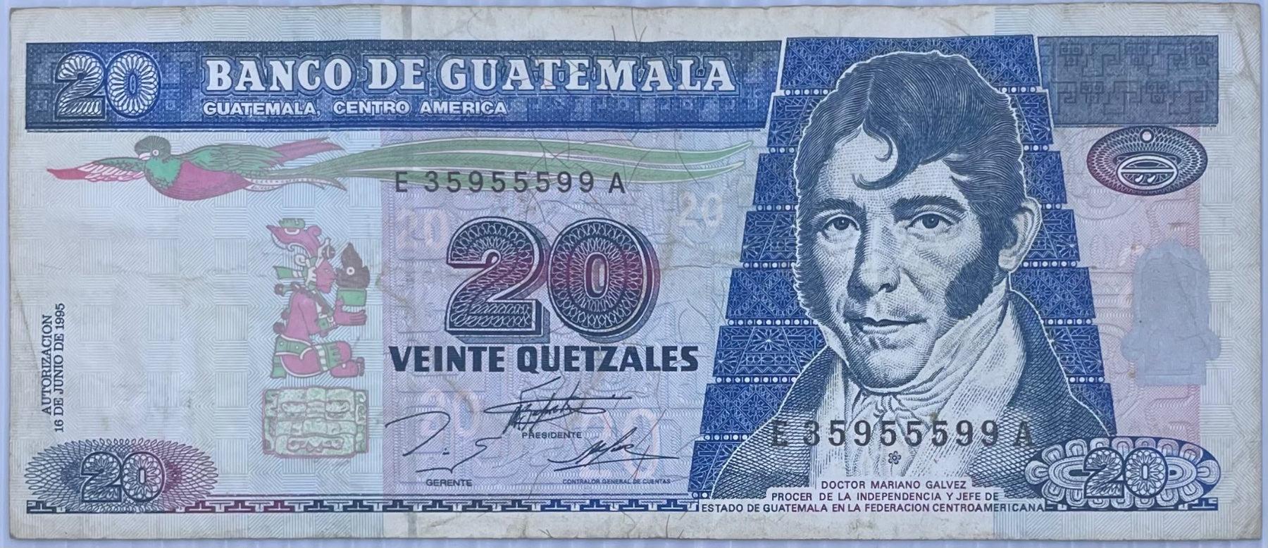 Guatemala 1972 20 quetzales Circulated World Banknote Note Shown — front