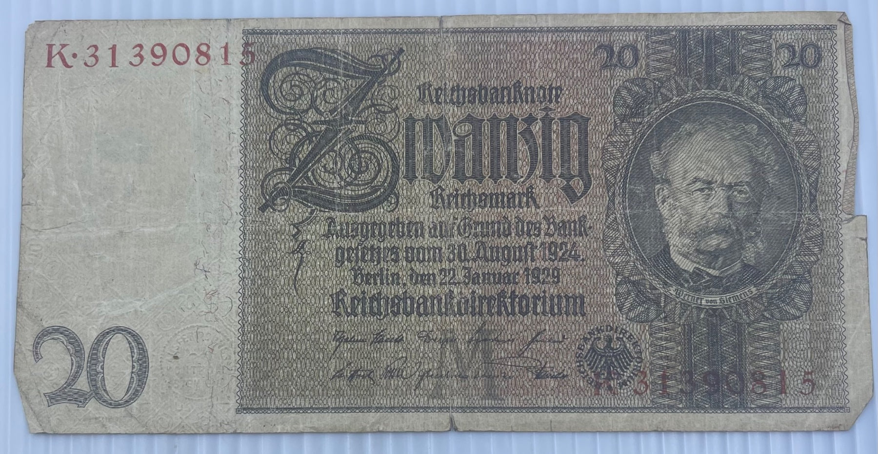 Germany 1929 20 Reichsmark P-182 Circulated World Banknote Note Shown — front