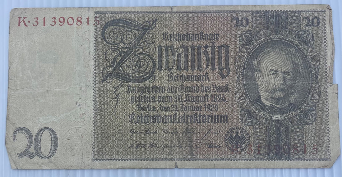Germany 1929 20 Reichsmark P-182 Circulated World Banknote Note Shown — front