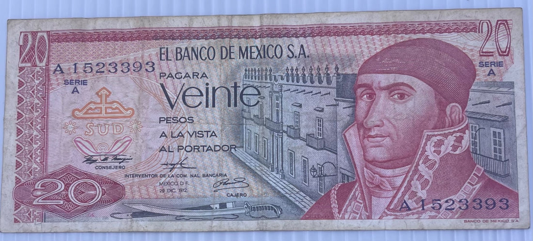 Mexico 1973 20 Pesos P-64 Circulated World Banknote Note Shown — front
