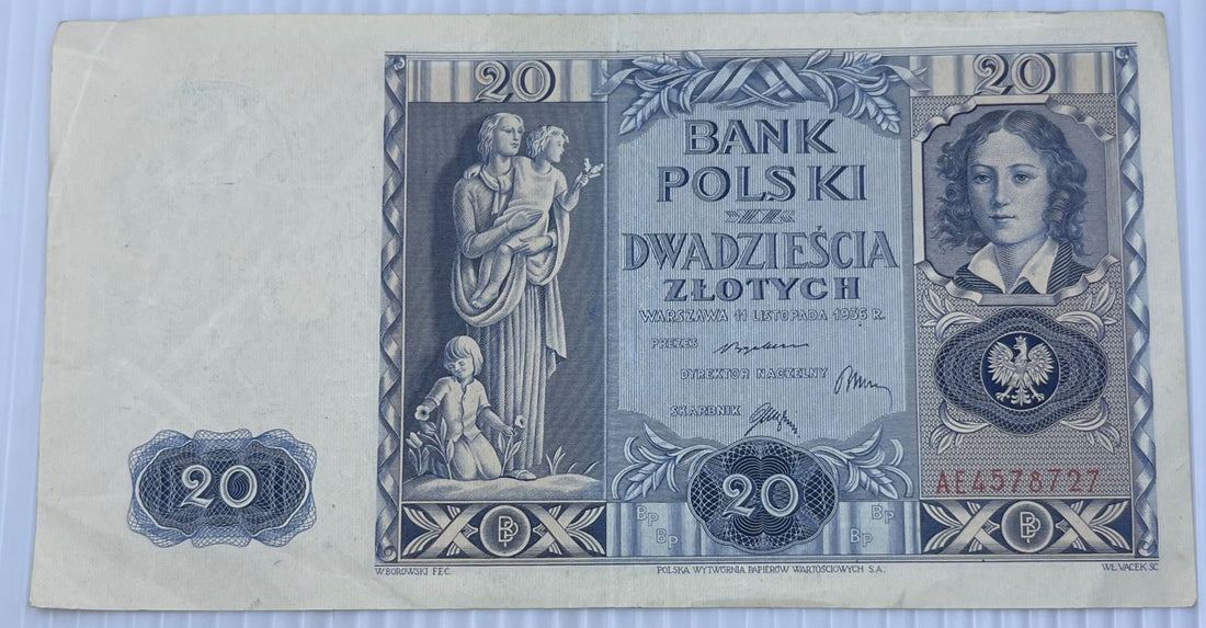 Poland 1936 20 Zlotych P-77 Circulated World Banknote — front
