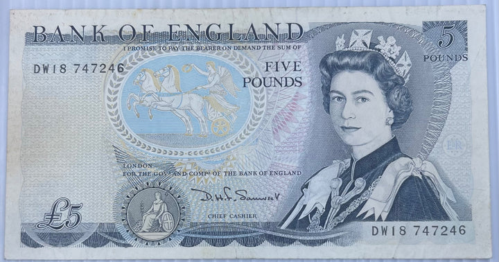 United Kingdom 1980-1988 (Somerset signature) 5 Pounds (Pound Sterling) P-377b Circulated World Banknote Note Shown — front