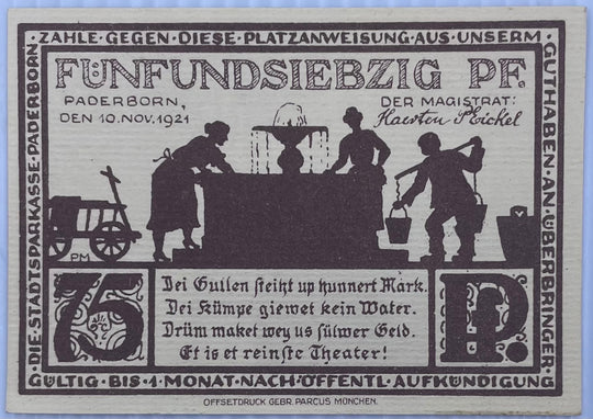 Germany 1921 75 Pfennig P-aderborn Stadtsparkasse 75 Pf, 10.11.1921, “Rothoborn” type UNC World Banknote