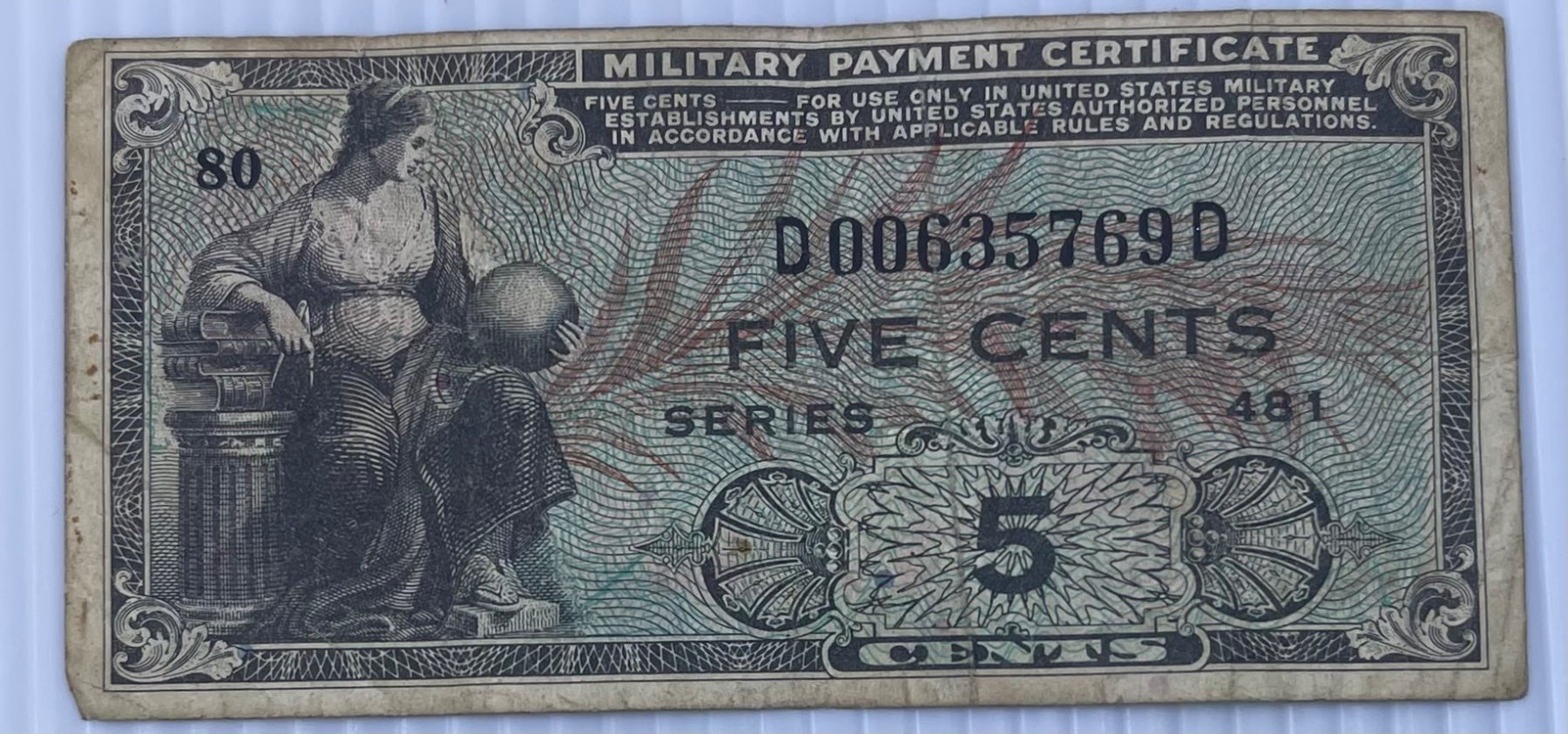 United States 1951-1954 5 Cents Military Payment Certificate Series 481 5¢ Circulated World Banknote Note Shown — front