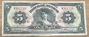 Mexico 1963 5 Pesos P-60 Circulated World Banknote — front
