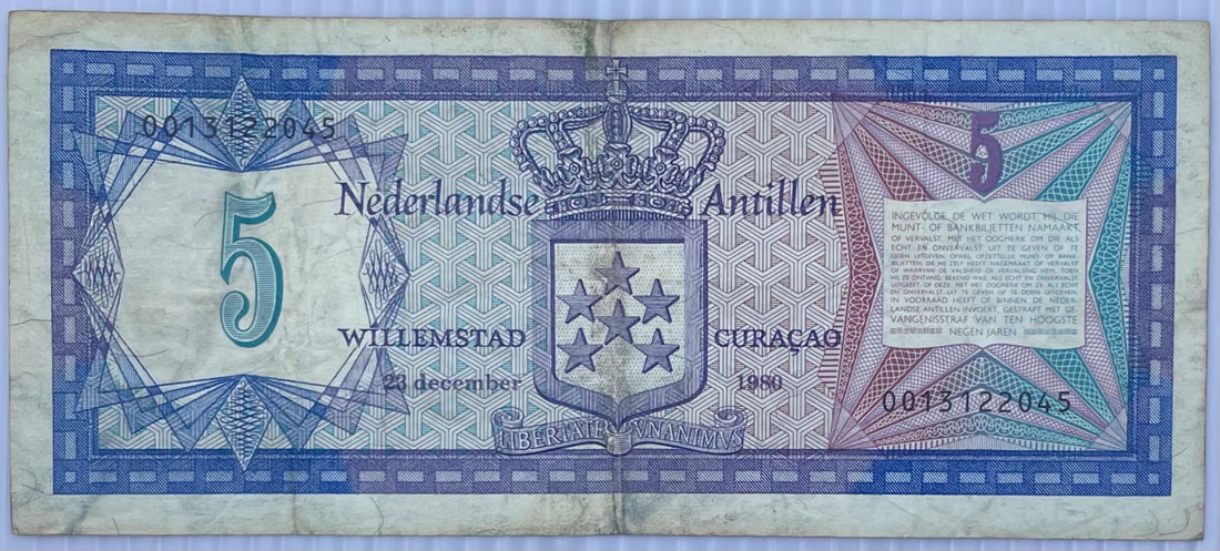 Netherlands Antilles 1981 5 Gulden P-15 Circulated World Banknote Note Shown — front