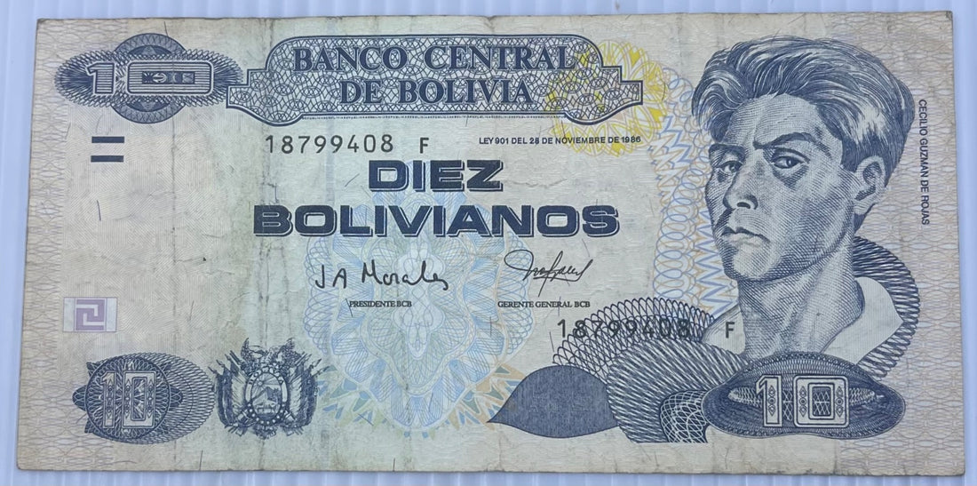Bolivia 1986 10 Bolivianos P-243 Circulated World Banknote Note Shown — front