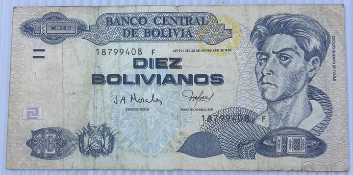 Bolivia 1986 10 Bolivianos P-243 Circulated World Banknote Note Shown — front