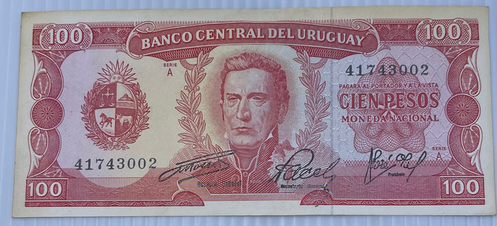 URUGUAY 1971 100 PESOS P-47 Used From Lot World Banknote Currency — front
