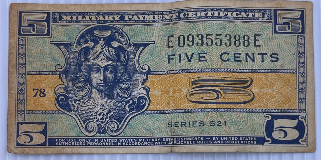 United States 1954-1958 5 Cents Military Payment Certificate Series 521 – 5 Cents (Block E) Circulated World Banknote Note Shown — front