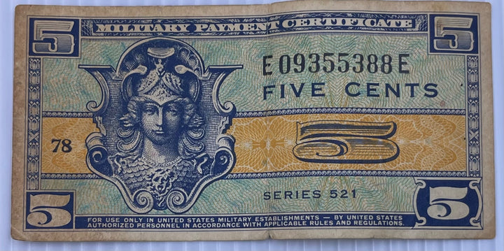 United States 1954-1958 5 Cents Military Payment Certificate Series 521 – 5 Cents (Block E) Circulated World Banknote Note Shown — front
