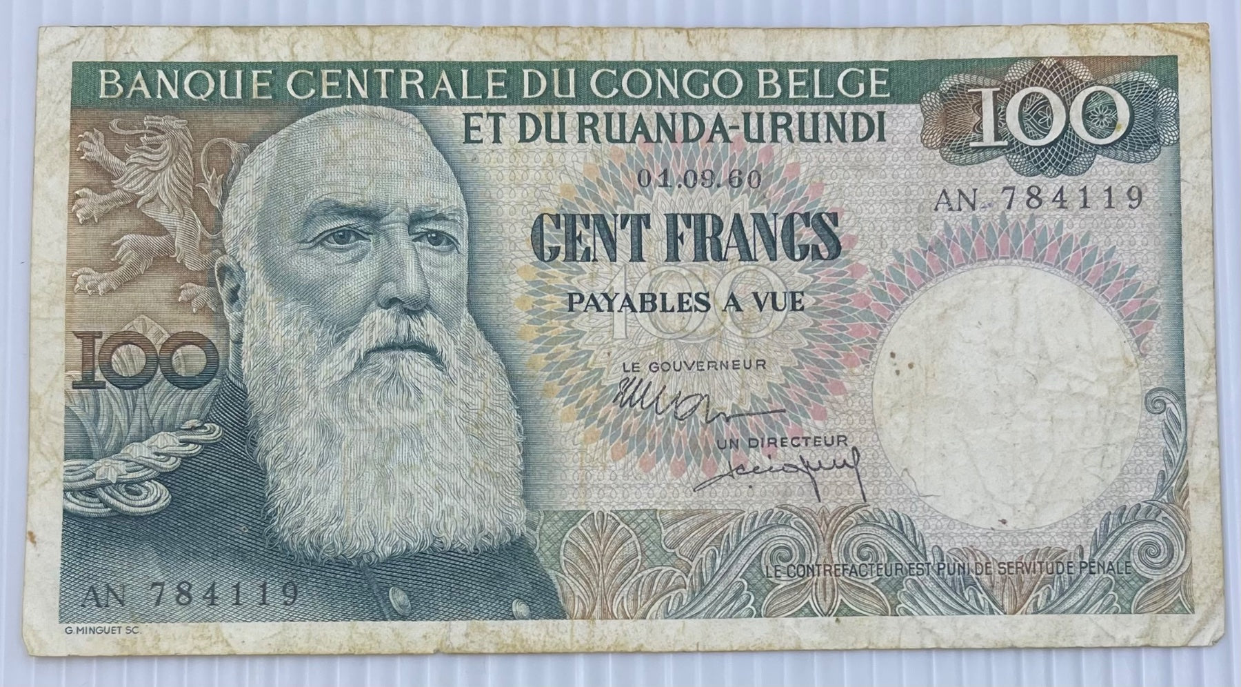 Belgian Congo 1960 100 Francs P-33 Circulated World Banknote Note Shown — front