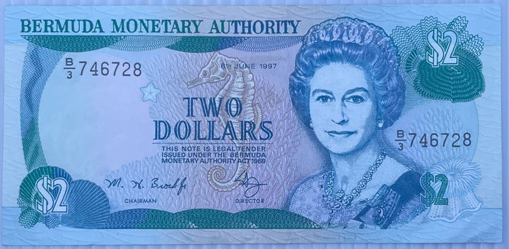 Bermuda 1997 2 Dollars P-38b Circulated World Banknote Note Shown — front