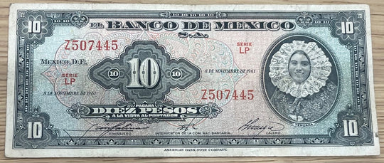 Mexico 1961 10 Pesos P-58 Circulated World Banknote