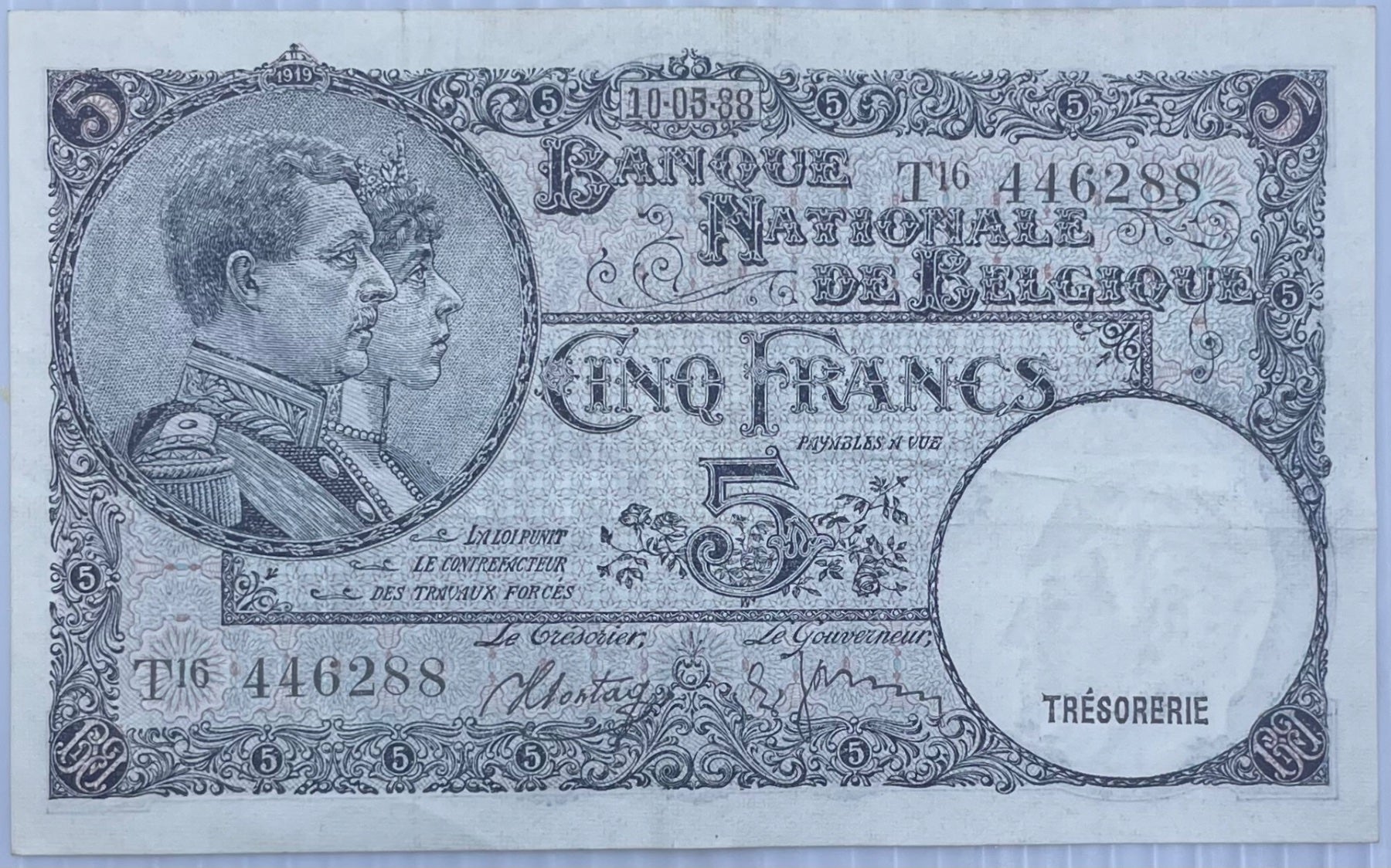 Belgium 1919 5 Francs Circulated World Banknote Note Shown — front