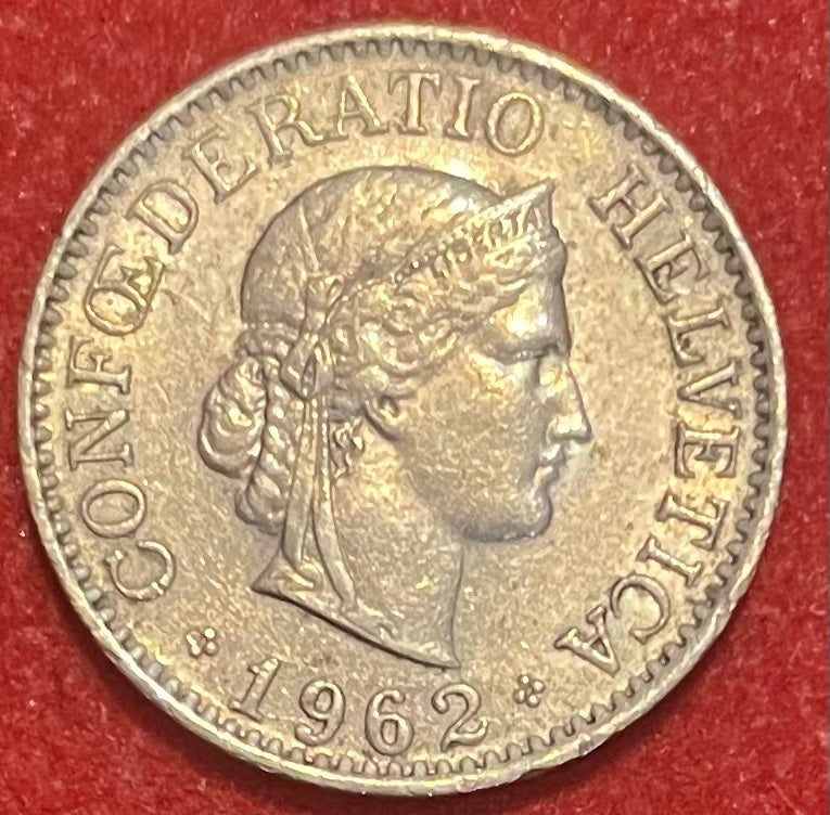 Switzerland 1962 10 Rappen (0.10 Franc) Swiss franc KM-21 Circulated World Coin Item Shown — front