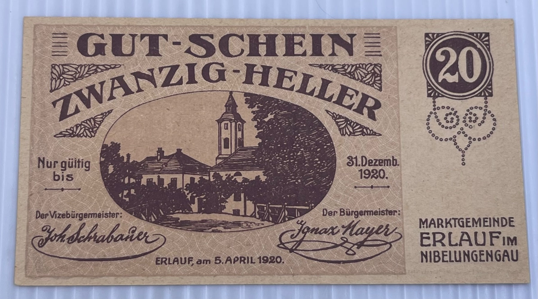 Austria 1920 20 Heller UNC World Banknote — front