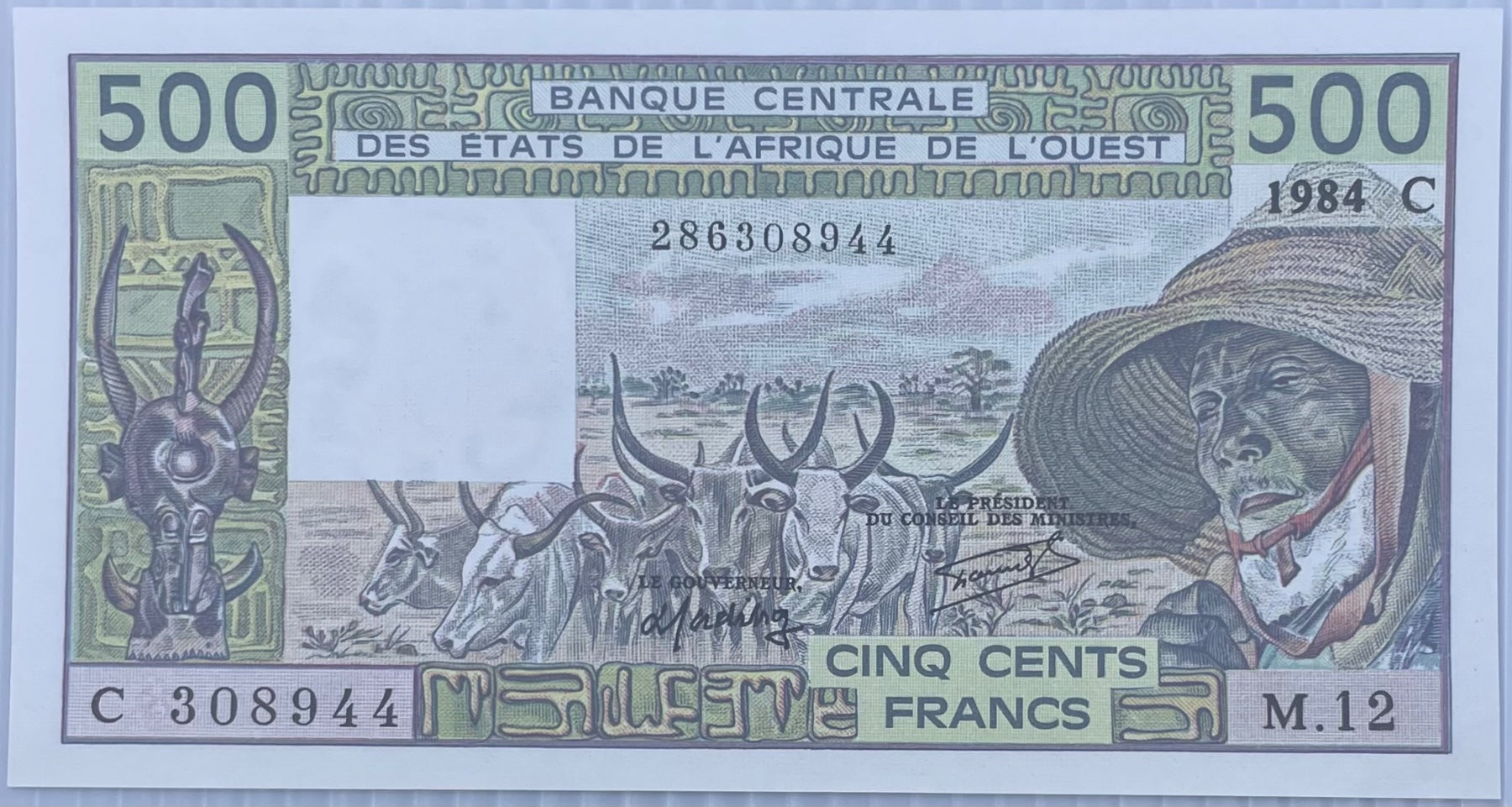 West African States 1984 500 Francs P-706 (Type 1977 500 Francs, herdsman & cattle) UNC World Banknote Note Shown — front
