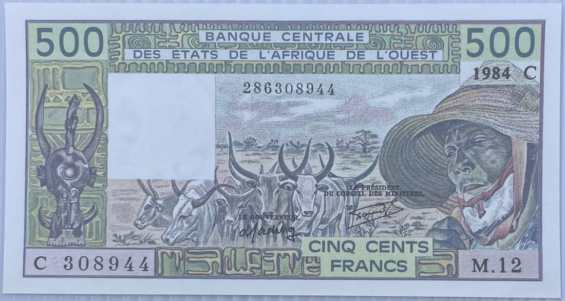 West African States 1984 500 Francs P-706 (Type 1977 500 Francs, herdsman & cattle) UNC World Banknote Note Shown — front