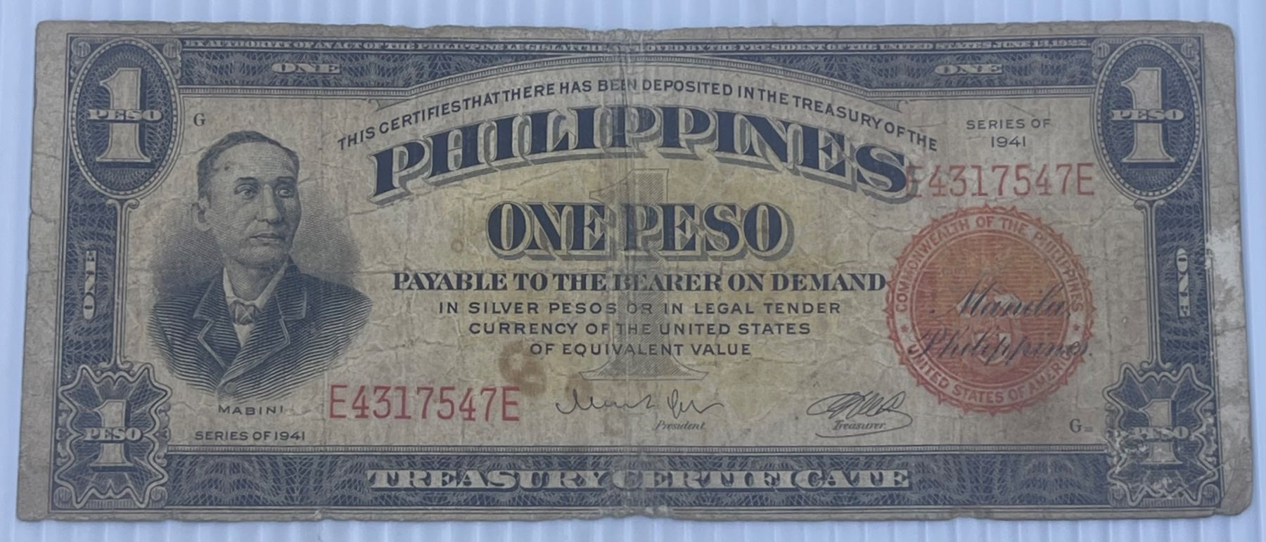 Philippines 1941 1 Peso P-89 Circulated World Banknote — front