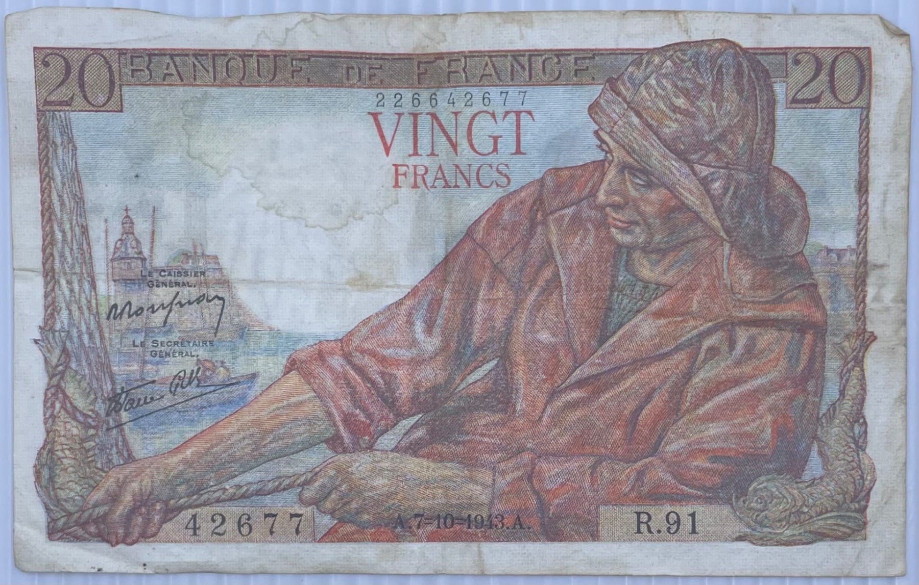 France 1943 20 Francs Circulated World Banknote Note Shown — front