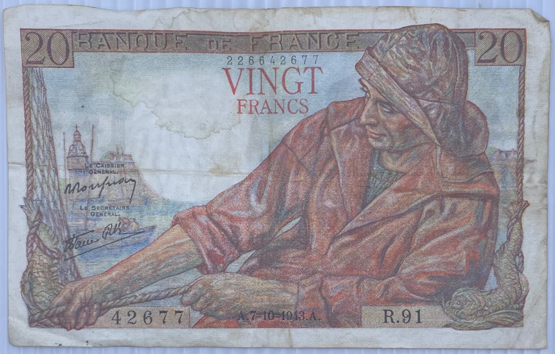 France 1943 20 Francs Circulated World Banknote Note Shown — front