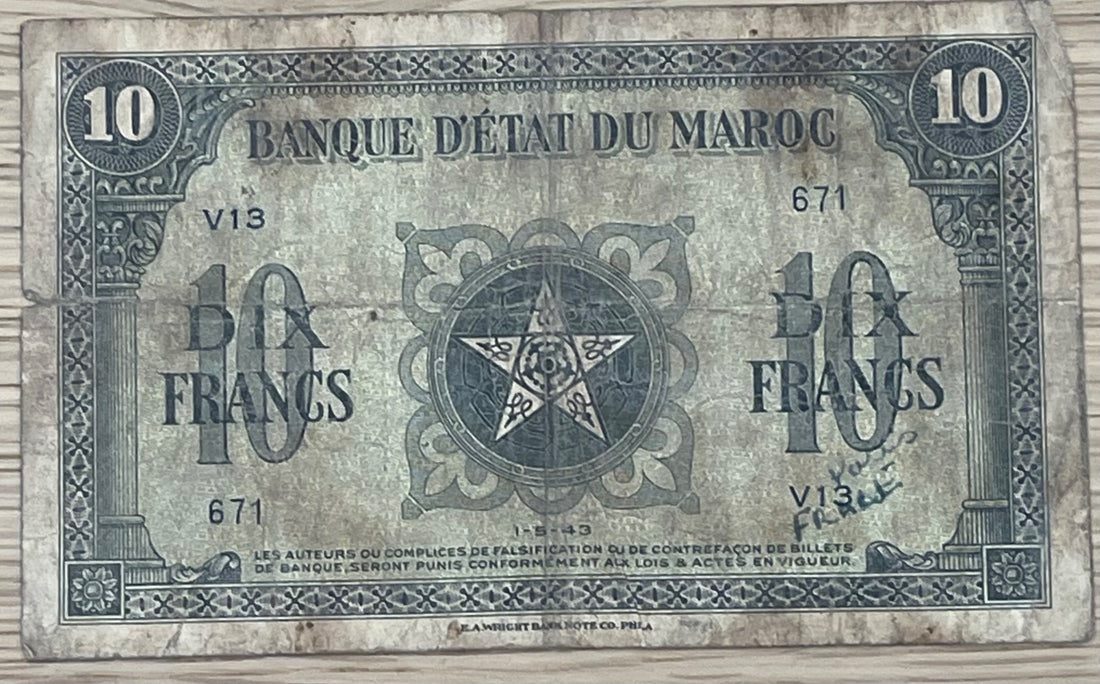 Morocco 1943 10 Francs P-25 Circulated World Banknote Note Shown — front
