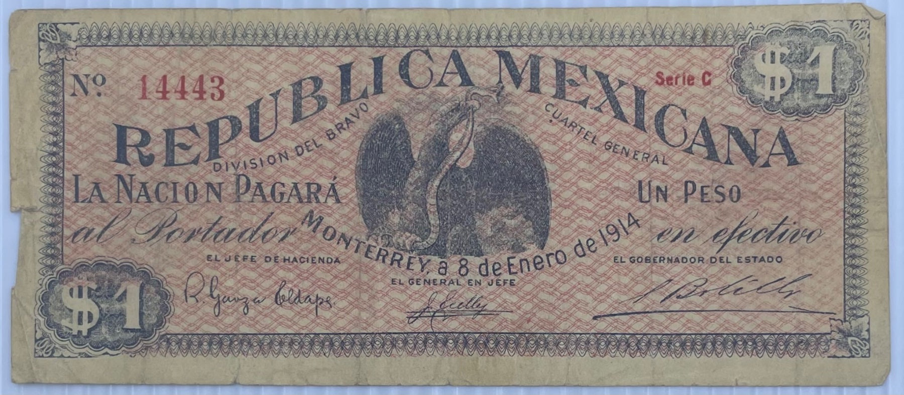 Mexico 8 de Enero de 1914 1 Peso P‑S (Nuevo León—Monterrey) 1 Peso, 1914 “Seals on back” type Circulated World Banknote Note Shown — front