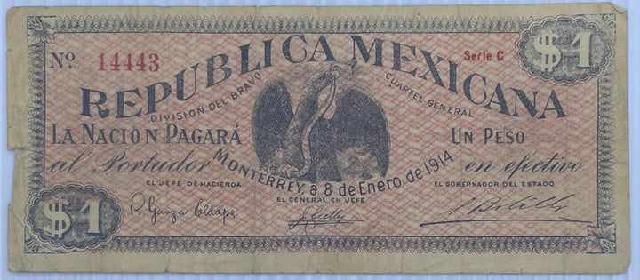 Mexico 8 de Enero de 1914 1 Peso P‑S (Nuevo León—Monterrey) 1 Peso, 1914 “Seals on back” type Circulated World Banknote Note Shown — front