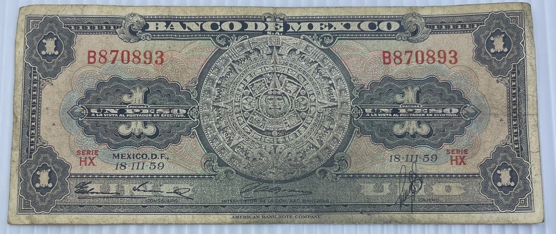 Mexico 1959 1 Peso P-59 Circulated World Banknote — front
