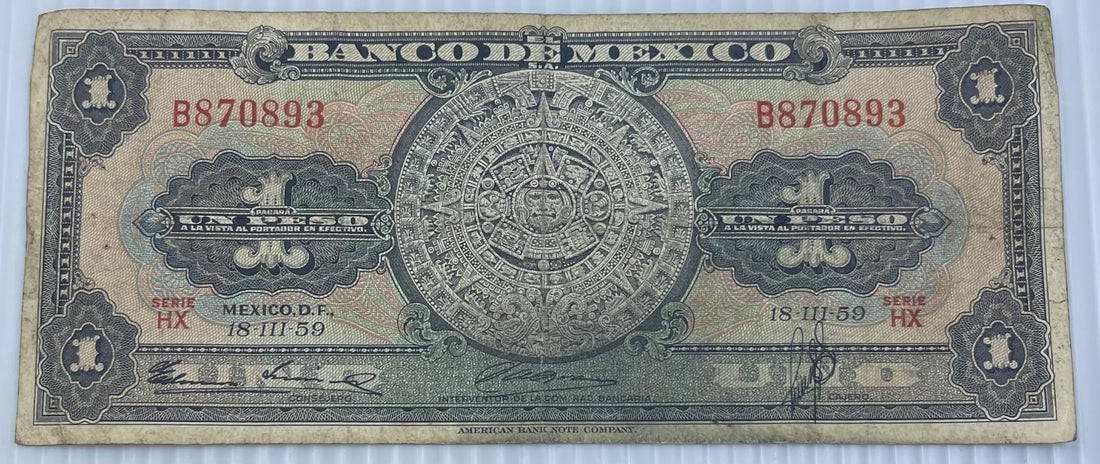 Mexico 1959 1 Peso P-59 Circulated World Banknote — front