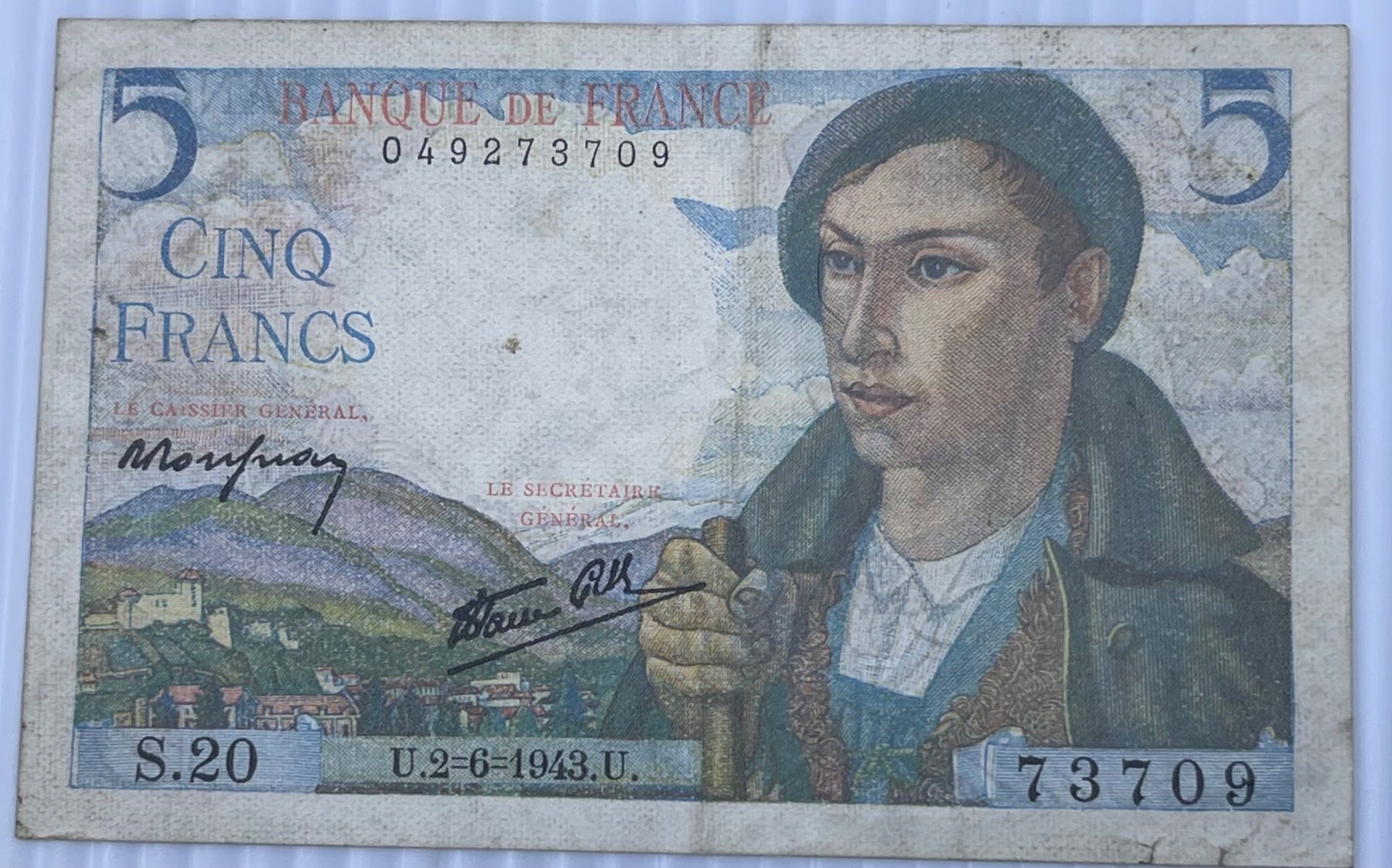 France 1943 5 Francs P-100 Circulated World Banknote Note Shown — front