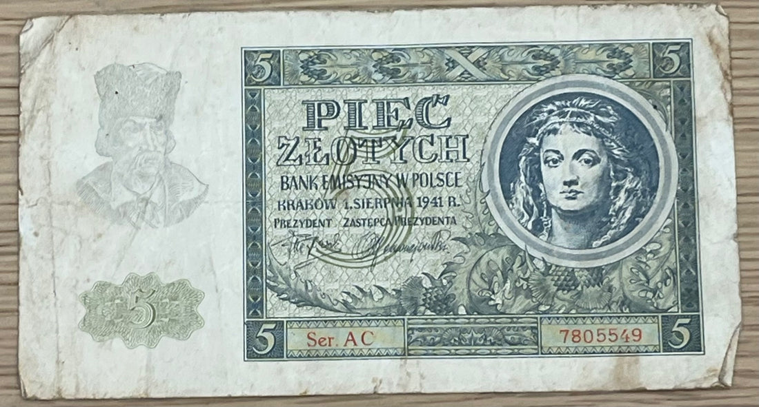 Poland 1941 5 Zlotych P-101 Circulated World Banknote Note Shown — front