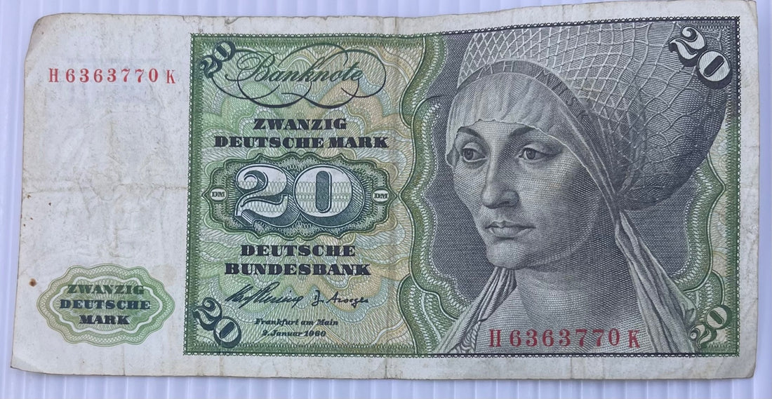 Germany (Federal Republic/West Germany) 1960 20 Deutsche Mark (DM) P-36 Circulated World Banknote Note Shown — front