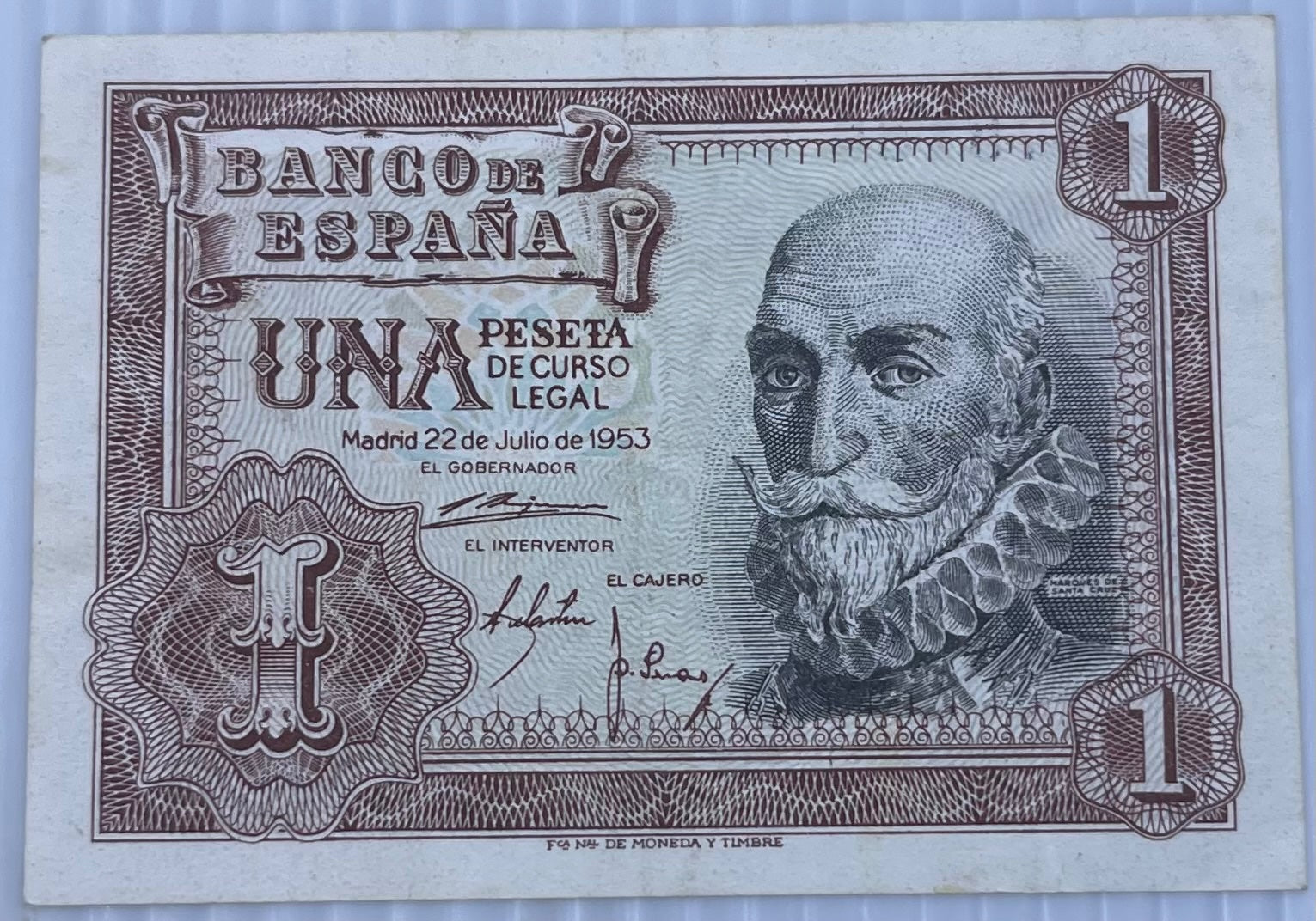 Spain 1953 1 Peseta P-144 Circulated World Banknote Note Shown — front