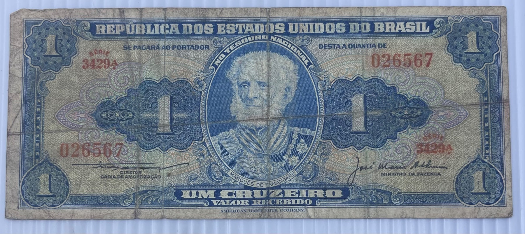 Brazil 1954 1 Cruzeiro P-150 Circulated World Banknote — front
