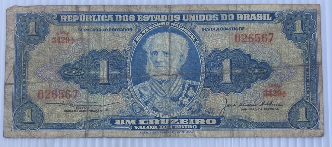 Brazil 1954 1 Cruzeiro P-150 Circulated World Banknote — front