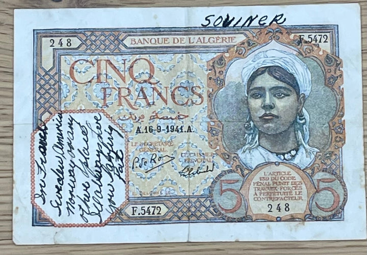 Algeria 1941 5 Francs P-77 Circulated World Banknote Note Shown — front