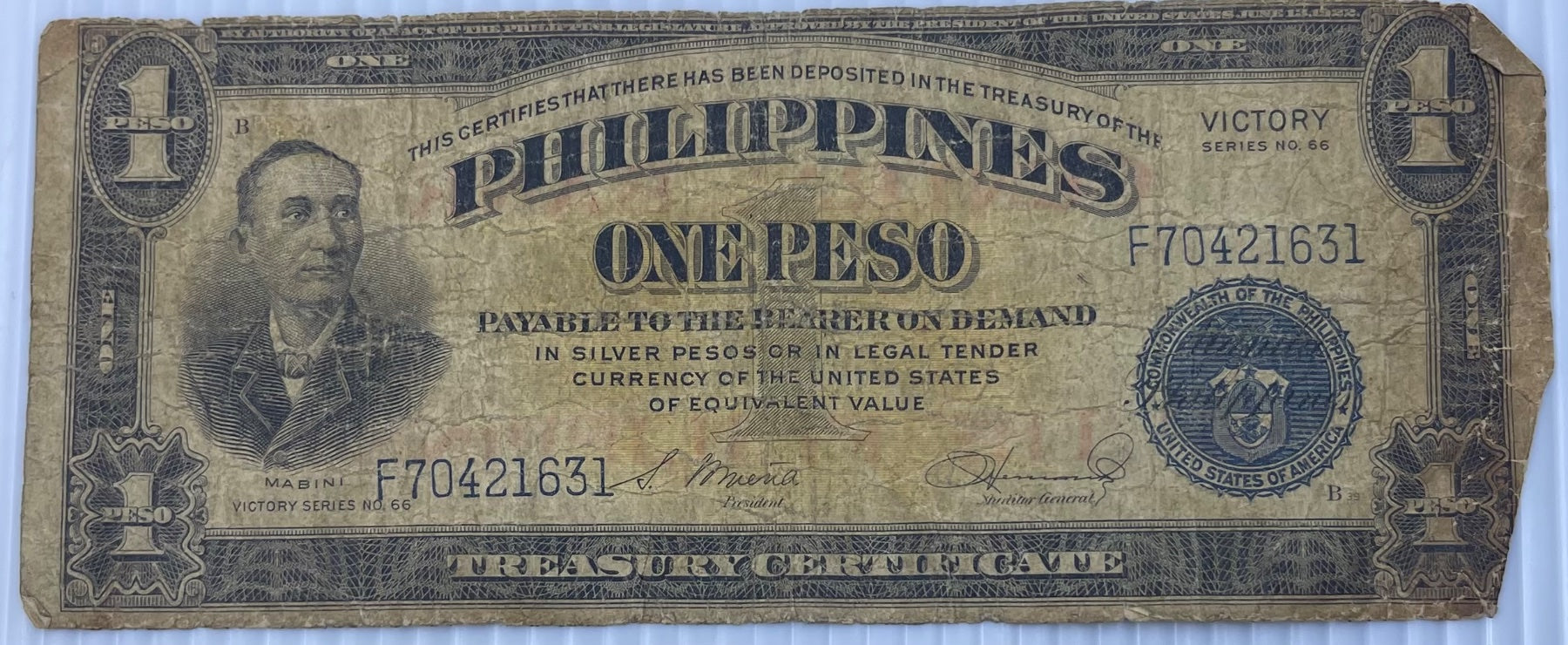 Philippines Victory Series No. 66 (c. 1949) 1 Peso P-111 Circulated World Banknote Note Shown — front