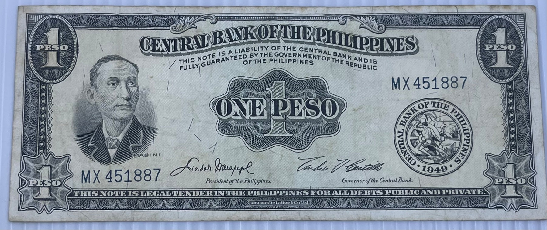 Philippines 1949 1 Peso P-133 Circulated World Banknote — front