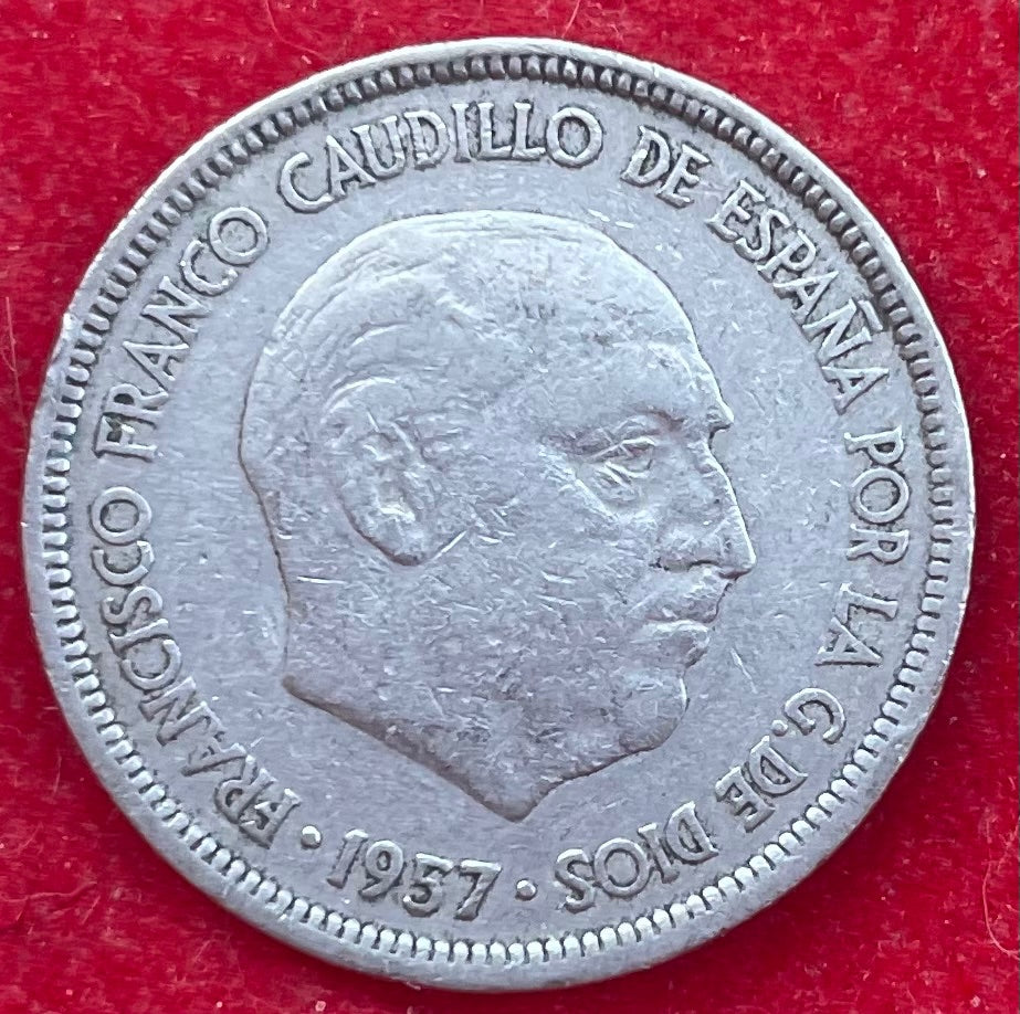 Spain 1957 on obverse; actual year is the star date on reverse (unreadable) 5 Pesetas Peseta (PTAS) KM-786 Circulated World Coin Item Shown — front
