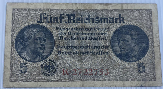 Germany 1940 5 Reichsmark P-R138a Circulated World Banknote