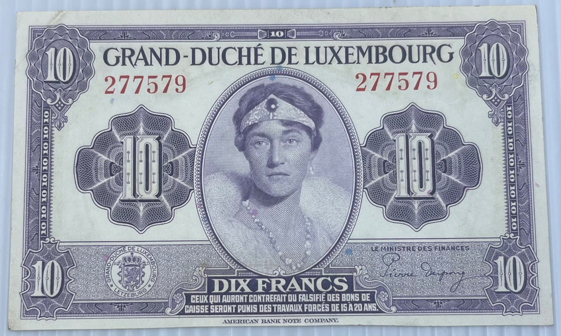 Luxembourg 1944 10 Francs P-44 Circulated World Banknote Note Shown — front