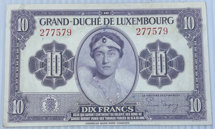 Luxembourg 1944 10 Francs P-44 Circulated World Banknote Note Shown — front